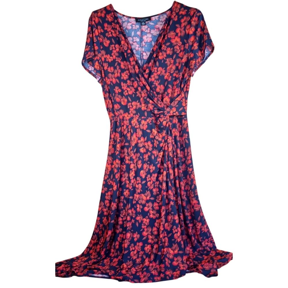 Perceptions New York XL Navy Red Floral Faux Wrap Midi Dress Stretch - Picture 4 of 8